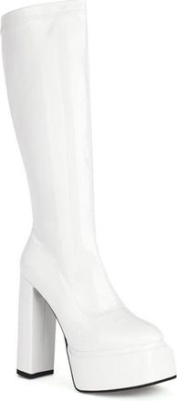 Generic Womens Fashion Slim Stretch Knee High Boots Platform Square Toe Block Heel Pumps Winter Dress Shoes with Zipper (5.5,White)