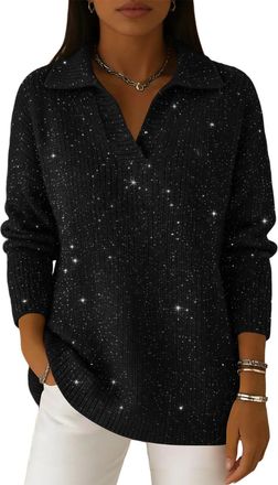 Generic Polo Neck Sparkle Jumpers for Women UK Star Glitter Print Sweater Long Sleeve Elegant Ladies Jumper Casual Loose Sweatshirts Knit Pullover Tops Shiny 