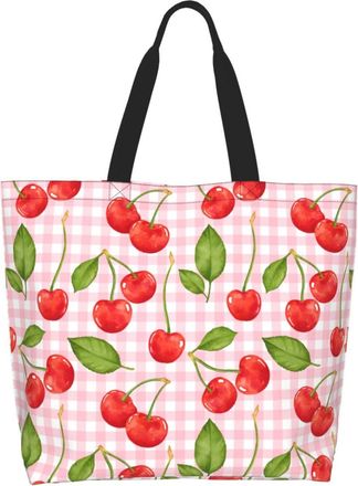 Generic Cute Cherries Leaves Checkered Tote Bag Portable Handbag Durable Shopping Bags For Casual Ladies Camping