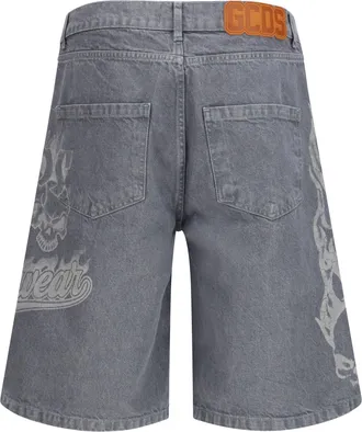 GCDS Mens Riders Baggy Shorts With Designs Quarry Grey-White Cotton Bermuda Grey/white