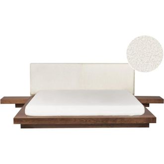 Beliani Cama De Agua Moderna 180 X 200 Cm Con Colch&oacute;n Mesitas De Noche Cabecero De Boucl&eacute; Madera De Fresno Marr&oacute;n Zen