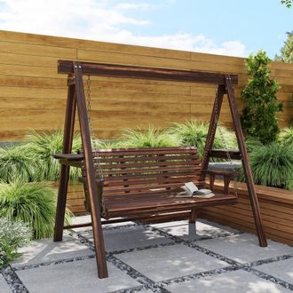 OUTSUNNY 3 Seater Wooden Garden Swing Chair with Side Tables in Brown
