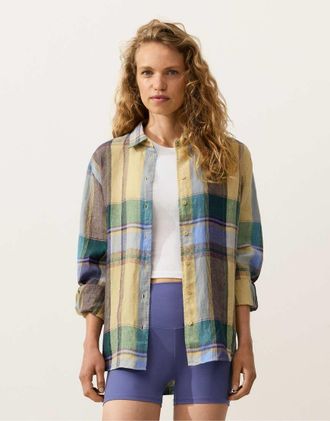Oysho Camicia in 100% lino a quadri giallo e verde