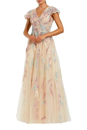 Mac Duggal Embellished Net Wrap Flutter Sleeve Gown in Nude Multi at Nordstrom, Size 16