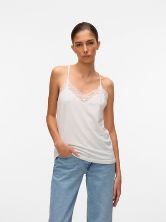 Vero Moda Spitzentop VERO MODA VMANA, Damen, Gr. XL, weiss (snow wei&szlig;), Jersey, Obermaterial: 95% Polyester, 5% Elasthan, unifarben, figurumspielend h&uuml;ftlang, V
