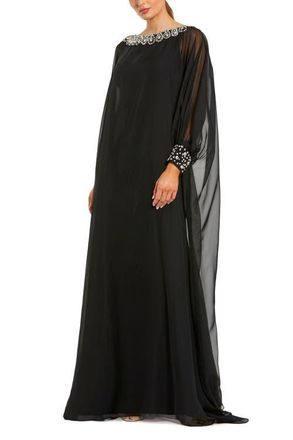 Mac Duggal Chiffon Long Sleeve Kaftan Gown With Beaded Neck in Black at Nordstrom, Size 10