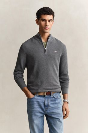 GANT Troyer GANT MICRO TEXTURED COTTON HALF ZIP, Herren, Gr. XXL, dunkelgrau melange, Strick, Obermaterial: 100% Baumwolle, unifarben, regular fit normal, 