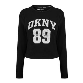 DKNY Dames 1989 Logo Cropped Fitted Lange Mouwen T-Shirt (Zwart/Wit)