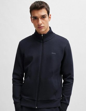 HUGO BOSS Mens BOSS Green Skaz Mens Stretch-Cotton Full Zip Sweatshirt with Logo Print - Dark Blue 402 - Navy - Size: 44