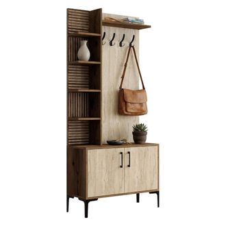 Dmora Recibidor Loceri, Perchero, 7 Estantes, Puerta Batiente, 90x35x200h Cm M&aacute;rmol Beige
