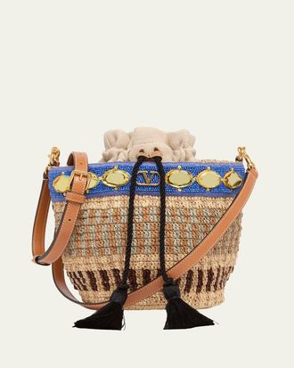 Valentino Garavani Small Viscose Raffia Beaded Bucket Bag