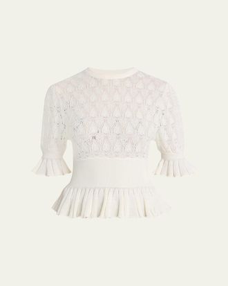 Chlo&eacute; Short-Sleeve Pointelle Peplum Sweater