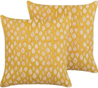 Beliani Conjunto De 2 Cojines De Algod&oacute;n Amarillo Mostaza 45 X 45 Cm Hoja Borlas Ginnala