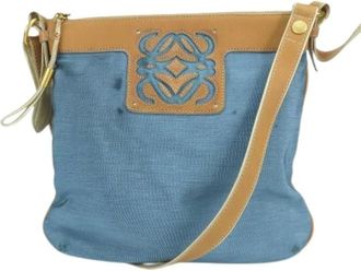 Loewe Pre-owned Cross Body Bags, female, Blue, Size: ONE SIZE Pre-owned Anagram Nylon Leather Shoulder Bag