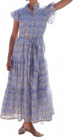 Oliphant Ruffle Collar Button Maxi Dress In Florence Blue