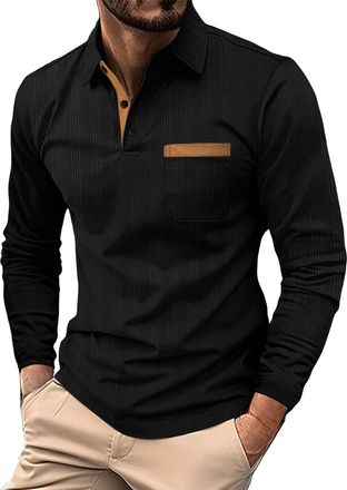 Generic Polo Shirts for Men Long Sleeve Plain Tee Fashion Loose Lapel Tops T Shirt Mens Henley Tops for Work Business Holiday Outdoor Walking (Black, L)