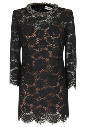 Self Portrait Black Intricate Lace Beaded Neckline Mini Dress