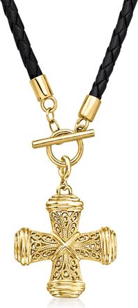 Ross-Simons 14kt Yellow Gold-Plated Filigree Cross Charm Necklace With Black Leather Cord
