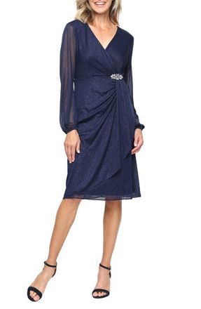 S.L. Fashions Glitter Mesh Long Sleeve Cocktail Dress in Navy at Nordstrom, Size 12