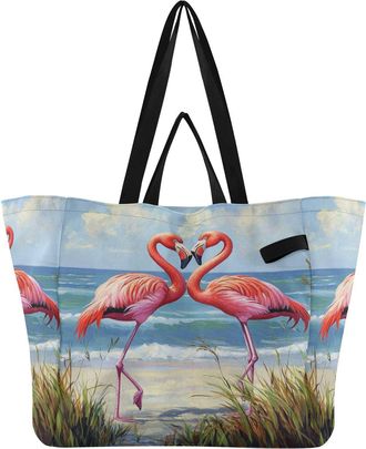 Generic Pink Flamingo Heart print Reusable Canvas Tote Bag, Heavy Duty Grocery Shopping Bag with Double Handles Hard Bottom Large Capacity Work Groceries Trav