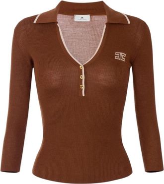 Elisabetta Franchi Ribbed Knit Polo Shirt - Dames - V-hals truien - Bruin - M - Wol - Truien & Vesten