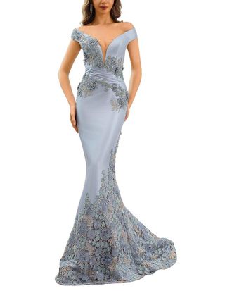Terani Couture Ruffled Shoulder Solid Maxi Dress