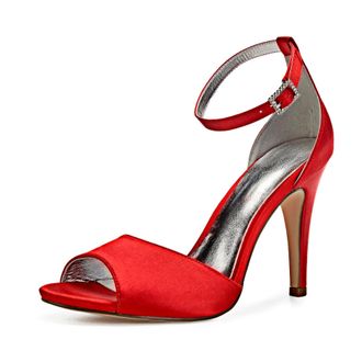 Generic Wedding Shoes Womens Heels High Heels Satin Bridal Shoes Stiletto Ankle Strap Open Toe High Heels Sandals10.5 Cm,red,4 UK