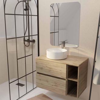 Aurlane Aurlane - Mueble De Ba&ntilde;o 80 Roble Cajones Y Estantes - Lavabo Blanco - Espejo 60x80