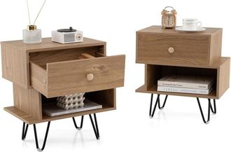 Costway Set di 2 Comodini, Tavolino Moderno con Cassetto Rimovibile, Scomparto Aperto e Gambe in Metallo, Mobile per Camera da Letto, Soggiorno e Ufficio
