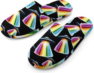 Generic Aliens Spaceship Beaming Rainbow Flannel Mens Slip-on Slippers Winter Warm House Shoes with Rubber Sole for Home Hotel