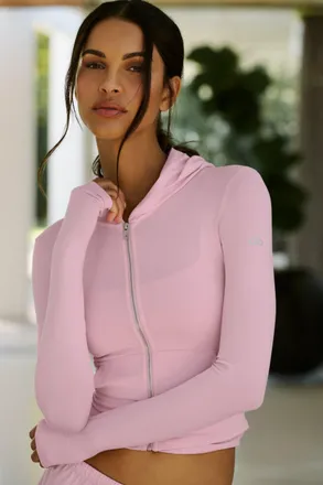 Alo Alosoft Finesse Full Zip Fitted Hoodie in Pink Marshmallow, Size: Medium