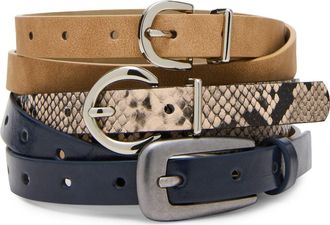 Steve Madden Assorted 3-Pack Buckle Belts in Off White-Navy-Camel at Nordstrom Rack, Size X-Large
