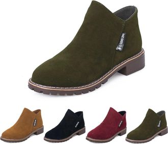 Generic Womens Thick Bottom Ankle Boots, Chunky Heel Side Zipper Retro Suede Leather Booties, Comfortable Slip On Walking Shoes (Green,4)