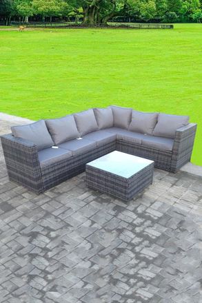 Fimous Rattan Corner Sofa Set Square Coffee Table 6 Seater With Cushion in Dark Grey