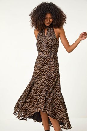 DUSK Animal Print Halter Neck Jacquard Midi Dress