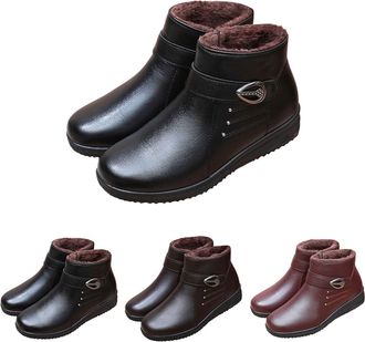 Generic Winter Ankle Boots for Women Flat Low Heel Vegan Leather Boots with Fur Lined Padded Warm Short Boots Ladies Side Zipper Waterproof Non-Slip Ankle Boo