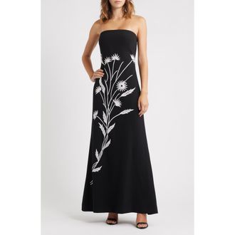 Parker Floral Appliqu&eacute; Strapless Maxi Dress in Rich Black at Nordstrom Rack, Size 12