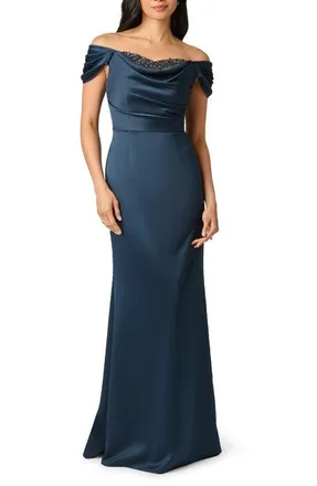 Adrianna Papell Beaded Off the Shoulder Satin Mermaid Gown in Dark Navy at Nordstrom, Size 10