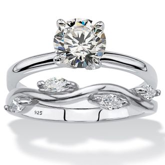Palm Beach Jewelry 1.48 Cttw. Cubic Zirconia Sterling Silver 2-Pc. Solitaire Vine Bridal Ring Set