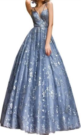 Jovani Plunging Neckline Embellished Prom Ballgown In Blue / Grey