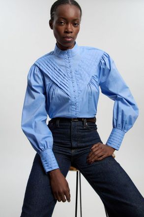 Karen Millen Womens Cotton Pleated High Neck Balloon Sleeve Woven Blouse - Blue - Size 16 UK