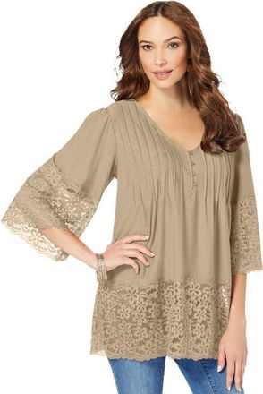 Roaman's Lace-Hem Pintuck Tunic in Sandy Beige at Nordstrom, Size 12