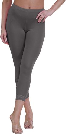 Janisramone Womens Ladies New Lace Trim Plain 3/4 Length Leggings Gym Stretch Capri Cropped Jogging Pants Charcoal