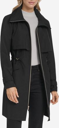 Cole Haan Womens Zip Up Trench Coat with Stow Away Hood - Black Size Medium