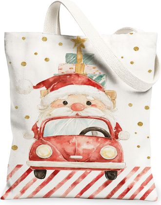 Generic Christmas Santa Car Canvas Tote Bags, Holiday Vintage Design Lightweight Washable Shoulder Strap Reusable Grocery Bags for Shopping Travel Beach 13x15