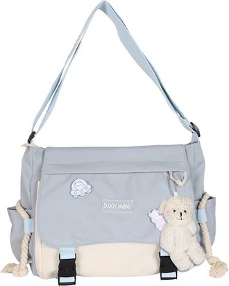 Generic Harajuku Student Tutorial Bag Pendant School Book Bag Large Capacity Ladies Messenger Pouch Hit Color for Travel (Blue)