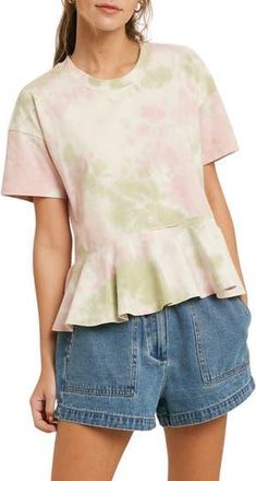 Wishlist Tie Dye Short Sleeve Peplum Top in Green/Pink at Nordstrom Rack, Size Medium