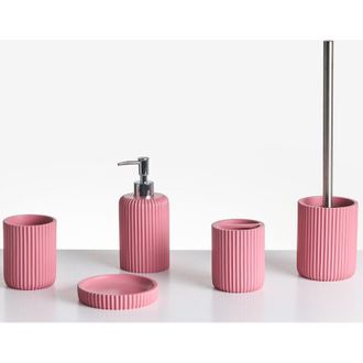 Beliani Beliani - Conjunto De 5 Accesorios De Ba&ntilde;o Jabonera Dispensador De Jab&oacute;n Escobilla De Inodoro Vaso Soporte Para Cepillos De Dientes Rosa Camana