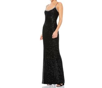 Mac Duggal Beaded Spaghetti Strap Column Gown In Black
