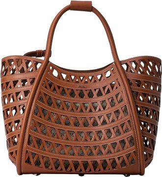 Max Mara Tassen, Dames, Bruin, ONE Size, Leer, Marine Geweven Handtas met Afneembare Pouch